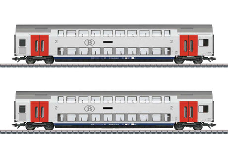 Type M6 2nd Class Bi-Level Coach 2-Pack - 3-Rail - Ready to Run -- Belgian National Railways SNCB (Era VI 2023, white, gray, red)