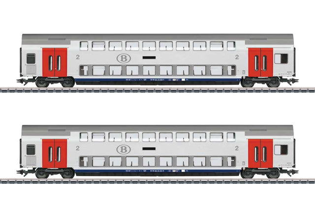 Type M6 2nd Class Bi-Level Coach 2-Pack - 3-Rail - Ready to Run -- Belgian National Railways SNCB (Era VI 2023, white, gray, red)
