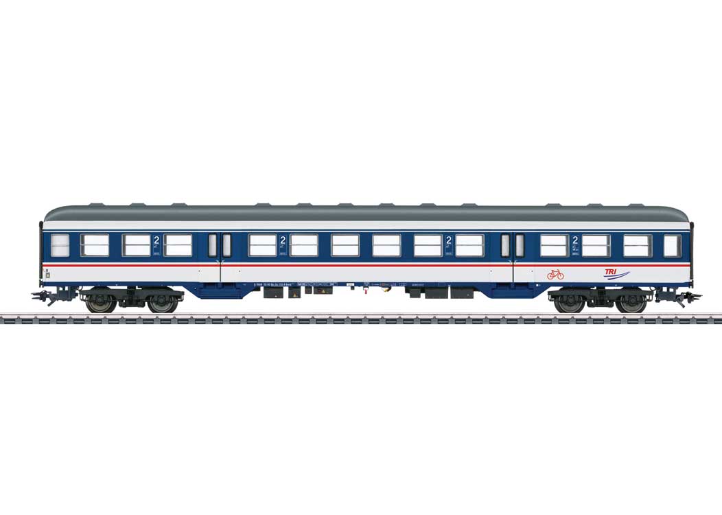 Type Bnrdz 451.9 2nd Class Coach - 3-Rail - Ready to Run -- Train Rental, Inc. TRI (Era VI 2021, blue, white, gray, red)