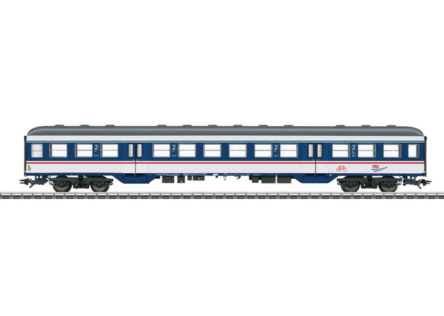 Type Bnrdz 451.9 2nd Class Coach - 3-Rail - Ready to Run -- Train Rental, Inc. TRI (Era VI 2021, blue, white, gray, red)