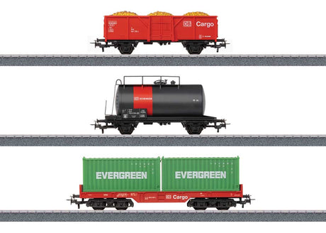 Cargo Freight Car Set - 3-Rail - Ready to Run - Start-Up -- Tank Car, Gondola, Container Flatcar w/2 Containers (Fantasy Era VI, red, bl-1