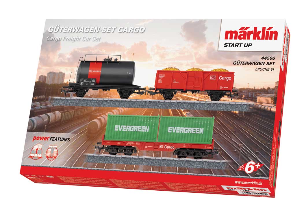 Cargo Freight Car Set - 3-Rail - Ready to Run - Start-Up -- Tank Car, Gondola, Container Flatcar w/2 Containers (Fantasy Era VI, red, bl-2