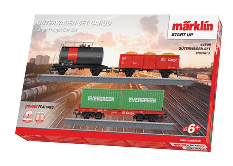 Cargo Freight Car Set - 3-Rail - Ready to Run - Start-Up -- Tank Car, Gondola, Container Flatcar w/2 Containers (Fantasy Era VI, red, bl-2