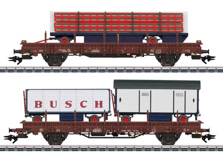 Type Ks 3300, Ks 3301 Stake Car Set - 3-Rail - Ready to Run -- German State Railroad DR w/Circus Busch Trailer Loads (Era IV 1980s, Boxcar
