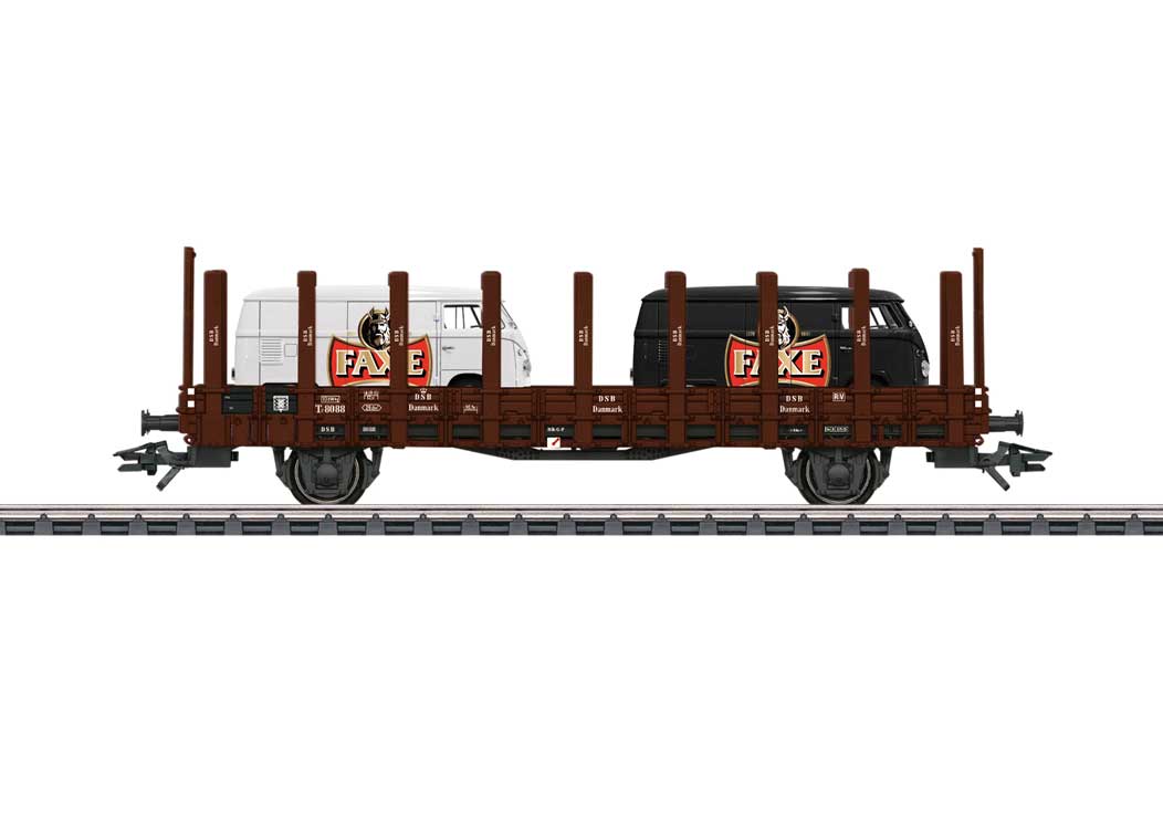 Type TF Stake Flatcar with VW Van Load - 3-Rail - Ready to Run -- Danish State Railways DSB (Era III 1950s, Boxcar Red, FAXE Brewery Vans)