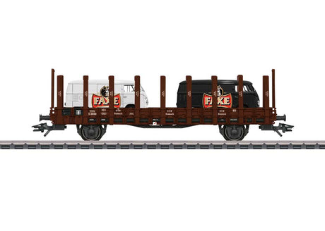 Type TF Stake Flatcar with VW Van Load - 3-Rail - Ready to Run -- Danish State Railways DSB (Era III 1950s, Boxcar Red, FAXE Brewery Vans)