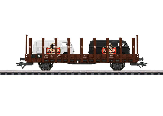Type TF Stake Flatcar with VW Van Load - 3-Rail - Ready to Run -- Danish State Railways DSB (Era III 1950s, Boxcar Red, FAXE Brewery Vans)