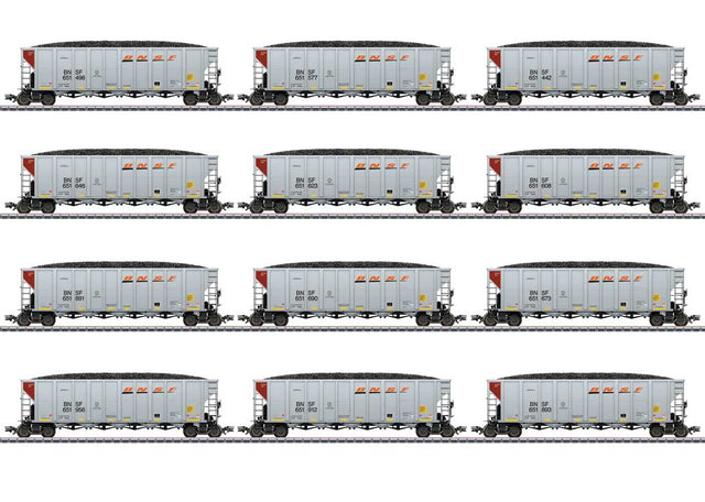 Coal Hopper 12-Pack w/Loads - 3-Rail - Ready to Run -- BNSF Railway (2020s Scheme, silver, brown, orange, black, Wedge Logo)