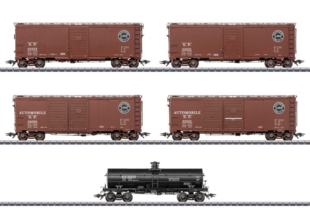 4 40' Boxcars & Tank Car - 3-Rail - Ready to Run -- Southern Pacific #83829, 33501, 63342, 64008, 58559 (Boxcar Red, black Tank
