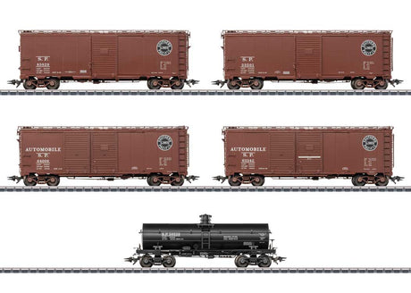 4 40' Boxcars & Tank Car - 3-Rail - Ready to Run -- Southern Pacific #83829, 33501, 63342, 64008, 58559 (Boxcar Red, black Tank