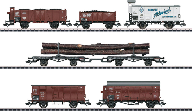 Era II 7 Freight Car Set - 3-Rail - Ready to Run -- German State Railroad DRB - 2 Gondolas, 2 Boxcars, 2 Log Cars, Beer Reefer-1