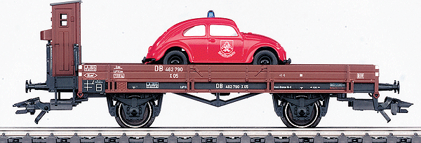 Flatcar with Fire Department Volkswagen Beetle Load -- German Federal Railroad (DB) type X05. VW Beetle in FD Version w/blue light