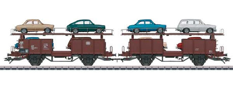 Type Laaes 541 Auto Transport Car w/8 Autos - 3-Rail - Ready to Run -- German Federal Railroad DB (Era IV, 1971-1972, Boxcar Red, VW Load)
