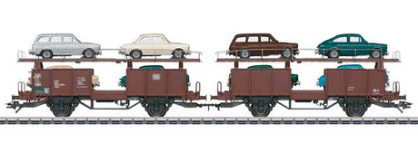 Type Laaes 541 Auto Transport Car w/8 Autos - 3-Rail - Ready to Run -- German Federal Railroad DB (Era IV, 1971-1972, Boxcar Red, VW Load)
