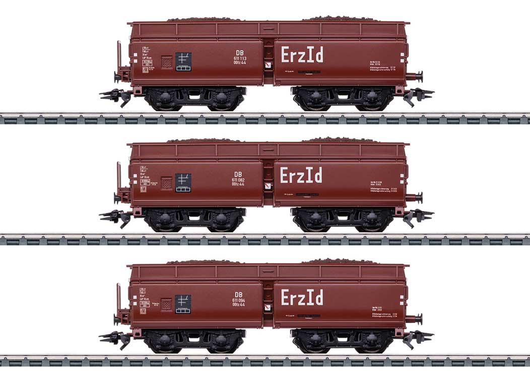 Type Erz Id OOtz 44 Hopper with Iron Ore Load 3-Pack - 3-Rail - Ready to Run -- German Federal Railroad DB (Era III 1952, Boxcar Red)-1