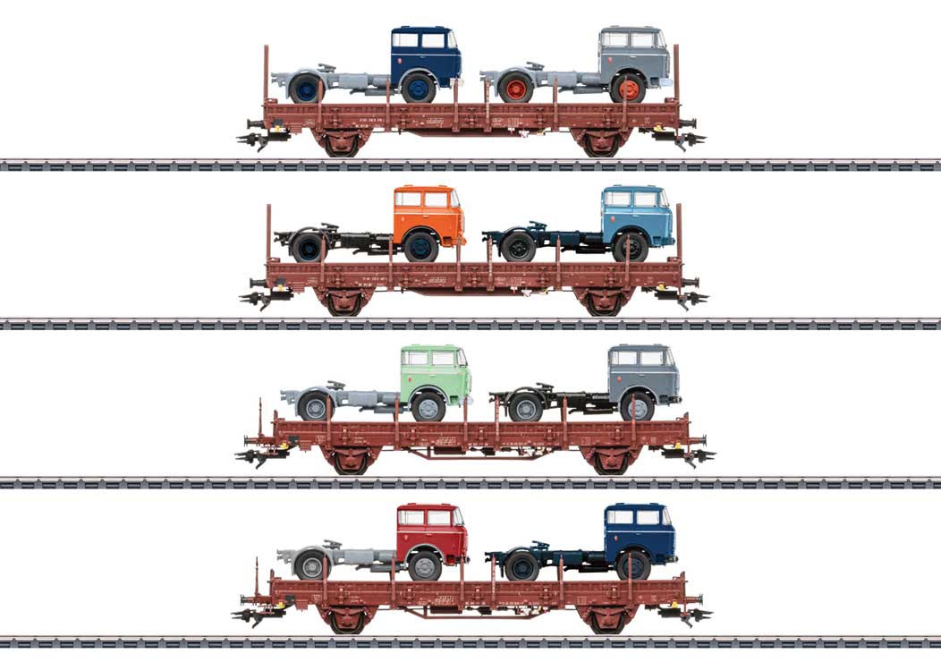 Type Ks 3300 & 3301 Stake Flatcar w/Semi Tractor 4-Pack - 3-Rail - Ready to Ru -- German State Railroad DR (Era IV 1980, Boxcar Red, Skoda LIAZ 706 Load)