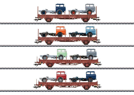 Type Ks 3300 & 3301 Stake Flatcar w/Semi Tractor 4-Pack - 3-Rail - Ready to Ru -- German State Railroad DR (Era IV 1980, Boxcar Red, Skoda LIAZ 706 Load)