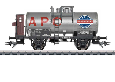 2 Axle Tank Car with Brakeman Platform and Cab - 3-Rail - Ready to Run -- American Petroleum Company APC (Era II 1925, silver, black, red, blue)