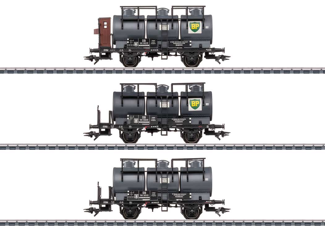 2-Axle 3-Compartment Tank Car 3-Pack - 3-Rail - Ready to Run -- British Petroleum BP & German Federal Railroad DB (Era III 1950s, gray, blac-1