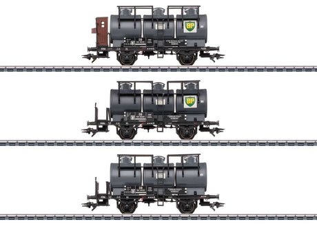 2-Axle 3-Compartment Tank Car 3-Pack - 3-Rail - Ready to Run -- British Petroleum BP & German Federal Railroad DB (Era III 1950s, gray, blac-1