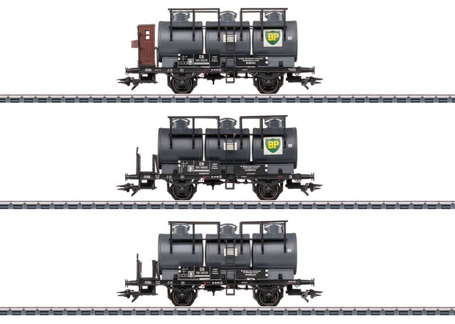2-Axle 3-Compartment Tank Car 3-Pack - 3-Rail - Ready to Run -- British Petroleum BP & German Federal Railroad DB (Era III 1950s, gray, blac-1