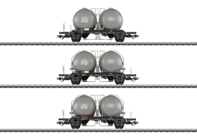 Type Uces and Ucs-y Spherical Container Car Set - 3-Rail - Ready to Run -- Dutch State Railways DSB (Era IV 1970, gray, black)