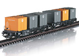 Type Laabs Container Transport Car w/VW Containers - 3-Rail - Ready to Run -- German Federal Railroad DB (Era IV 1971, black; yellow, gray Containers)-1