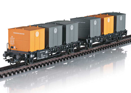 Type Laabs Container Transport Car w/VW Containers - 3-Rail - Ready to Run -- German Federal Railroad DB (Era IV 1971, black; yellow, gray Containers)-1