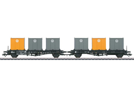 Type Laabs Container Transport Car w/VW Containers - 3-Rail - Ready to Run -- German Federal Railroad DB (Era IV 1971, black; yellow, gray Containers)-2