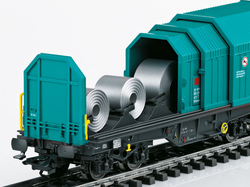 Type Shimmns Flatcar w/Telescoping Cover 3-Pack - 3-Rail Ready to Run -- Swiss Federal Railways SBB (Era VI 2015, aqua, black)