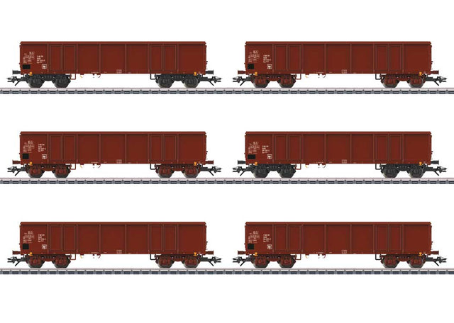 Type Eas 5949 & 5971 Gondola w/Coal Load 6-Pack- 3-Rail - Ready to Run -- German Federal Railroad DB (Era IV & V 1950s, Boxcar Red)-1