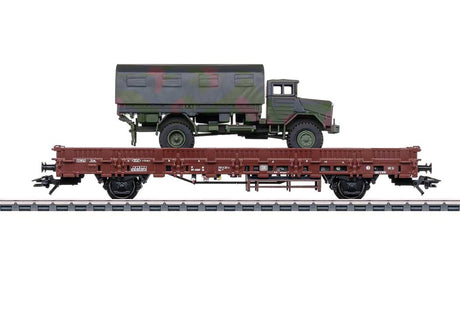 Type Kbs 443 Stake Flatcar w/VW 181 & Unimog S 404 Load - 3-Rail - Ready to Ru -- German Federal Railroad DB (Era IV, Boxcar Red)