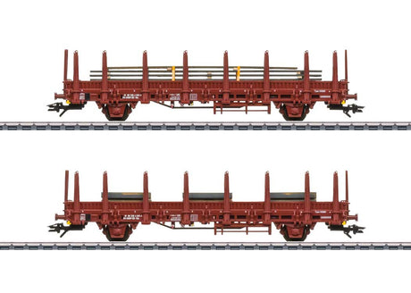 Type Kbs Stake Flatcar with Steel Load 2-Pack - 3-Rail - Ready to Run -- Belgian State Railways SNCB (Era IV 1974, Boxcar Red)
