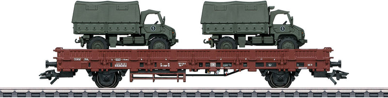 Type Kbs 443 Stake Car with Unimog S404 Military Load - 3-Rail - Ready to Run -- German Federal Railroad DB (Era IV, Boxcar Red)