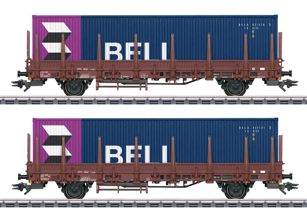 Type Kbs Stake Flatcar with 40' Container Load 2-Pack - 3-Rail - Ready to Run -- Dutch State Railways NS (Era IV 1975, Boxcar Red with blue Bell Containers)