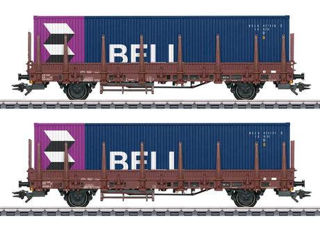 Type Kbs Stake Flatcar with 40' Container Load 2-Pack - 3-Rail - Ready to Run -- Dutch State Railways NS (Era IV 1975, Boxcar Red with blue Bell Containers)
