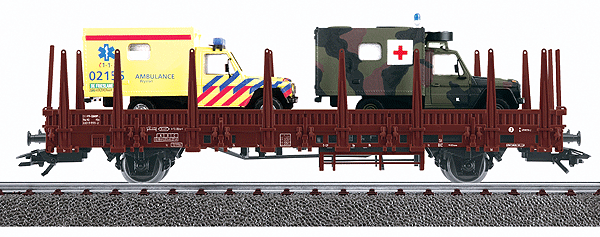 4MFOR Dutch Army - Railroad Equipment (Limited-Run Die Cast Model) -- Type Kbs Low Side Car w/2 Mercedes-Benz Ambulance