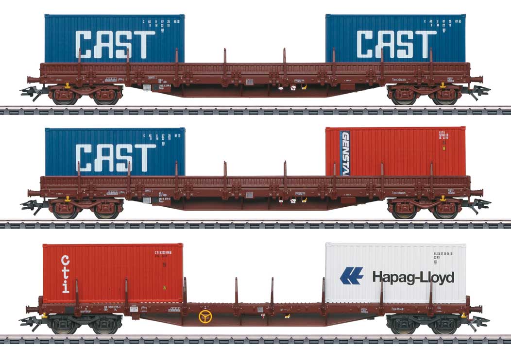 2 Type Regs 3514 D & 1 Rs 3514 B1 Stake Car w/Containers - 3-Rail - Ready to R -- Belgian State Railways SNCB/NMBS (Era IV 1985, Boxcar Red, Various Container