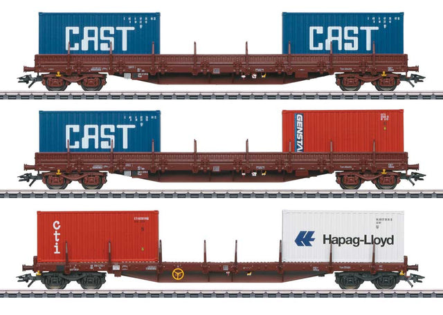 2 Type Regs 3514 D & 1 Rs 3514 B1 Stake Car w/Containers - 3-Rail - Ready to R -- Belgian State Railways SNCB/NMBS (Era IV 1985, Boxcar Red, Various Container