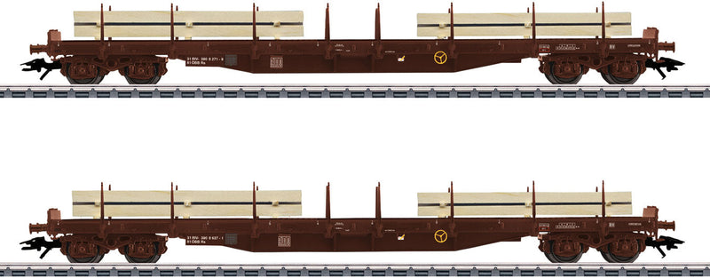 Type Rs Series 390 8 Flatcar with Stakes, Lumber Loads - 3-Rail - Ready to R -- Austrian Federal Railways OBB (Era IV 1980s, Boxcar Red)