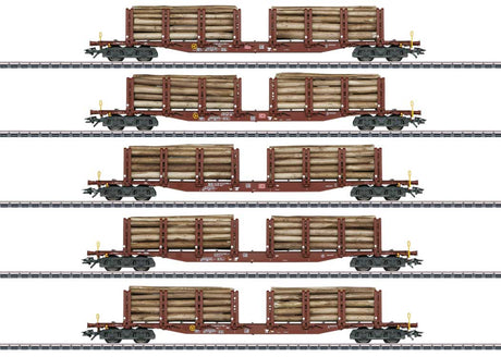 Type Snps 719 Stake Flatcar w/Log Load 5-Pack - 3-Rail - Ready to Run -- German Federal Railroad DB (Era V 1961, Boxcar Red)-1