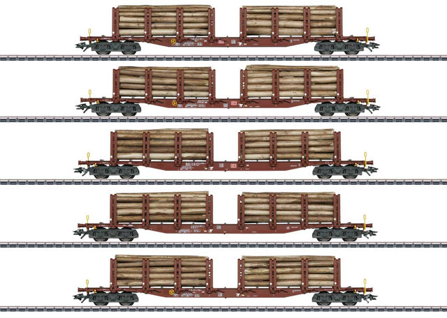 Type Snps 719 Stake Flatcar w/Log Load 5-Pack - 3-Rail - Ready to Run -- German Federal Railroad DB (Era V 1961, Boxcar Red)-1