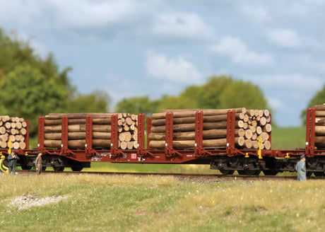 Type Snps 719 Stake Flatcar w/Log Load 5-Pack - 3-Rail - Ready to Run -- German Federal Railroad DB (Era V 1961, Boxcar Red)-3