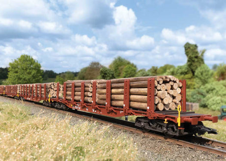 Type Snps 719 Stake Flatcar w/Log Load 5-Pack - 3-Rail - Ready to Run -- German Federal Railroad DB (Era V 1961, Boxcar Red)-5