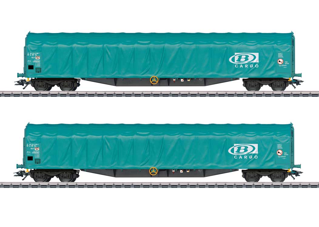Type Rils Sliding-Tarp Car 2-Pack - 3-Rail - Ready to Run -- Belgian State Railways SNCB (Era VI 2010, aqua, white)