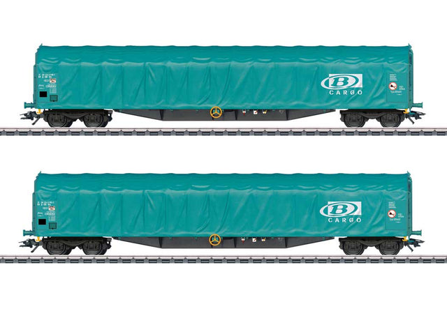Type Rils Sliding-Tarp Car 2-Pack - 3-Rail - Ready to Run -- Belgian State Railways SNCB (Era VI 2010, aqua, white)