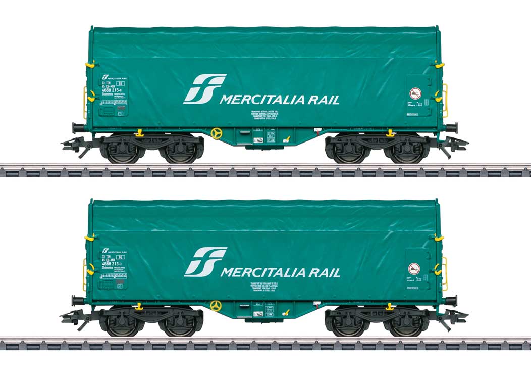 Type Shimmns Sliding-Tarp Car 2-Pack - 3-Rail - Ready to Run -- Mercitalia Rail (Era VI 2019, green, white)