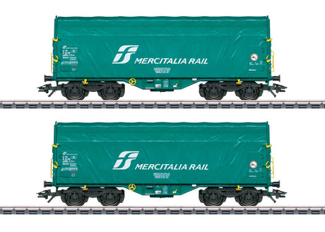 Type Shimmns Sliding-Tarp Car 2-Pack - 3-Rail - Ready to Run -- Mercitalia Rail (Era VI 2019, green, white)