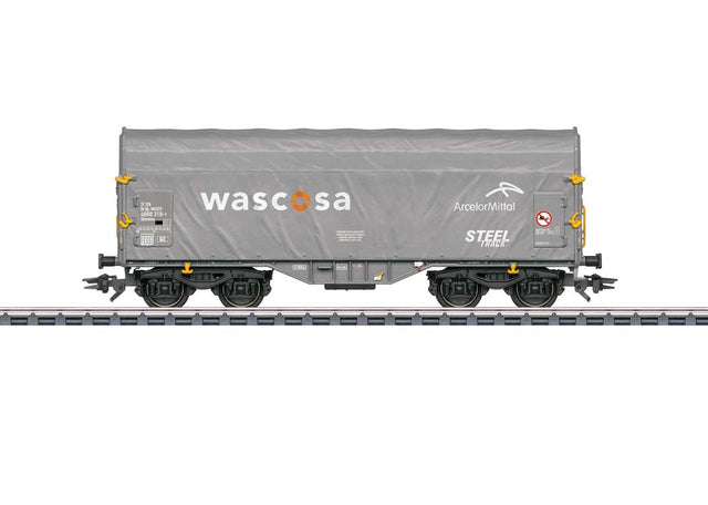 Type Shimmns Sliding Tarp Car - 3-Rail - Ready to Run -- Wascosa (Era VI 2022, gray, white, orange)