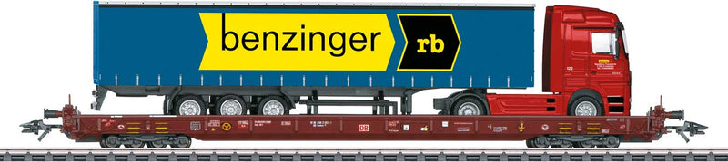 Type Saadkms 690 Rolling Road Flatcar w/Semi Load - 3-Rail Ready to Run -- German Railroad DB AG 81 80 498 3 051-1 (Era V, Boxcar Red)